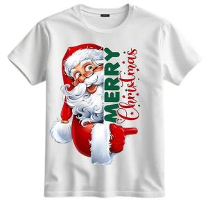 Merry Christmas Santa Claus White Graphic Printed Cotton Round Neck Kids Unisex Girls|Boys|Men Half Sleeve